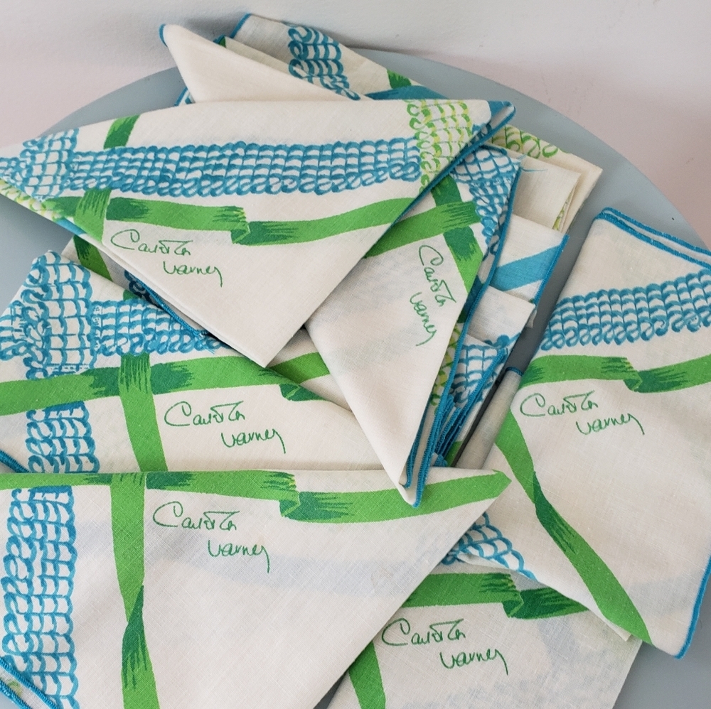 Carleton Varney Designer Vintage Napkins "Set Of 12" White Turquoise Green Sq… - Picture 5 of 16